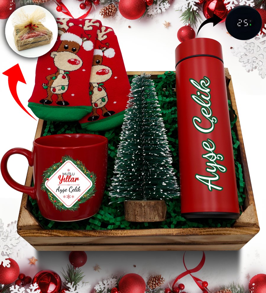 Kasa İçerisinde Kişiye Özel Kırmızı Termos & Çam Ağacı & Kırmızı Kupa & Yılbaşı Çorabı Hediye Seti