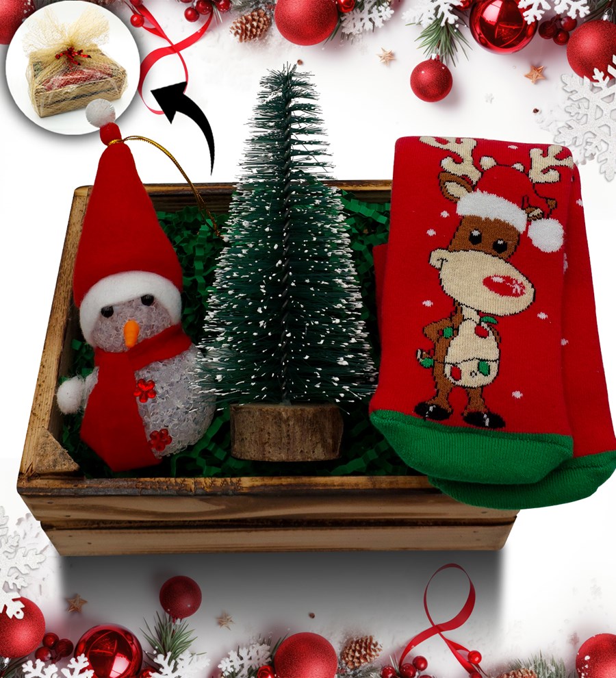 Mini Kasa İçerisinde Çam Ağacı  & Kardan Adam & Yılbaşı Çorabı Hediye Seti