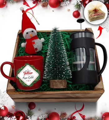 Kasa İçerisinde Kişiye Özel Kırmızı Kupa & French Press & Çam Ağacı& Kardan Adam Hediye Seti