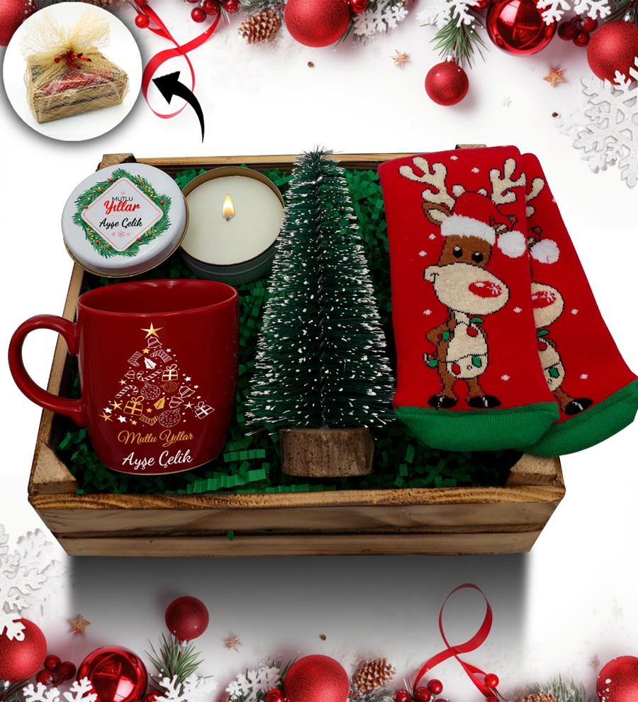 Kasa İçerisinde Çam Ağacı Mum & Kişiye Özel Kırmızı Kupa & Metal Kutulu & Yılbaşı Çorabı Hediye Seti