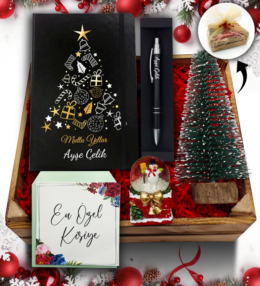 Kasa İçerisinde Çam Ağacı & Kişiye Özel Siyah Defter & Kar Küresi & Kalem Hediye Seti
