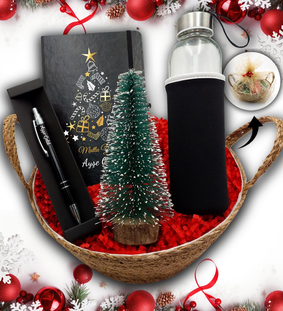 Hasır Sepetli Su Matarası & Çam Ağacı & Kişiye Özel Siyah Defter & Kalem Hediye Seti