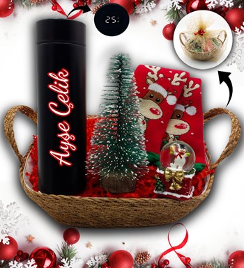 Hasır Sepetli Kişiye Özel Siyah Dereceli Termos & Çam Ağacı & Kar Küresi & Yılbaşı Çorabı Hediye Seti