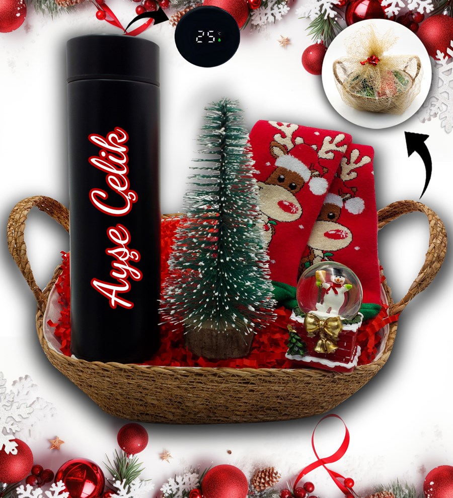 Hasır Sepetli Kişiye Özel Siyah Dereceli Termos & Çam Ağacı & Kar Küresi & Yılbaşı Çorabı Hediye Seti