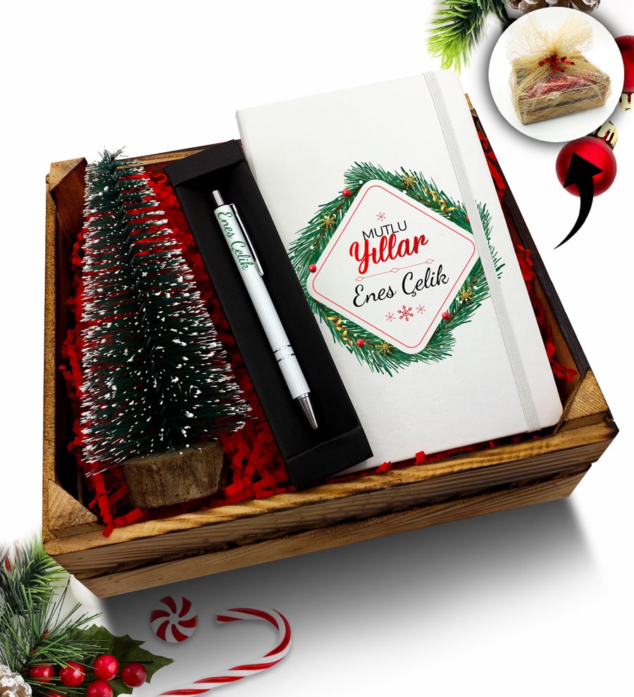 Kasa İçerisinde Çam Ağacı & Kişiye Özel Beyaz Defter & Kalem Hediye Seti