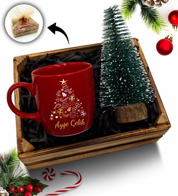 Lilyana Flowers - Mini Kasa İçerisinde Çam Ağacı & Kişiye Özel Kırmızı Kupa Hediye Seti