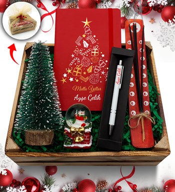 Kasa İçerisinde Kişiye Özel Kırmızı Defter & Çam Ağacı & Kar Küresi & Çubuk Tütsü & Kalem Hediye Seti