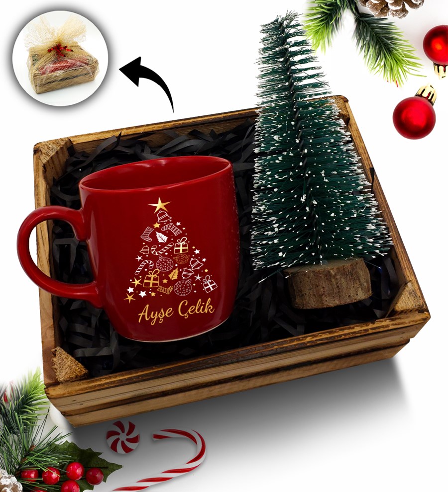 Mini Kasa İçerisinde Çam Ağacı & Kişiye Özel Kırmızı Kupa Hediye Seti