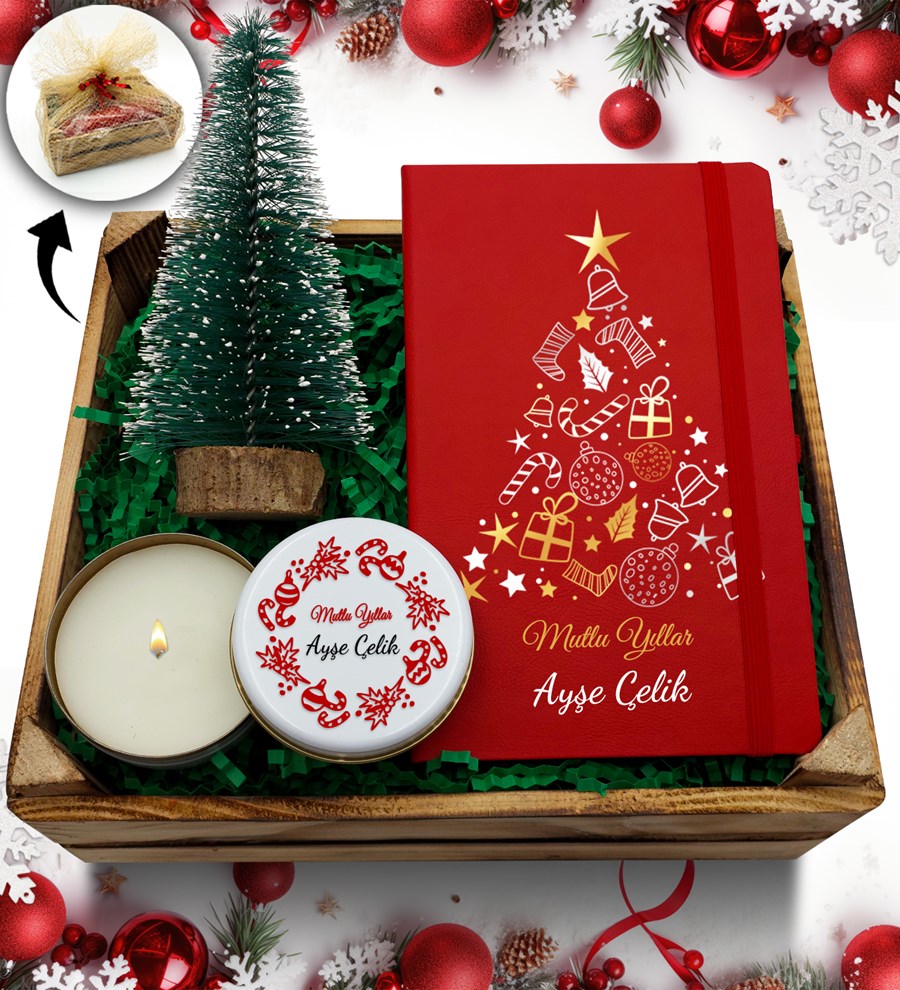 Kasa İçerisinde Yılbaşı Temalı Kişiye Özel Kırmızı Defter & Çam Ağacı & Metal Kutulu Mum Hediye Seti