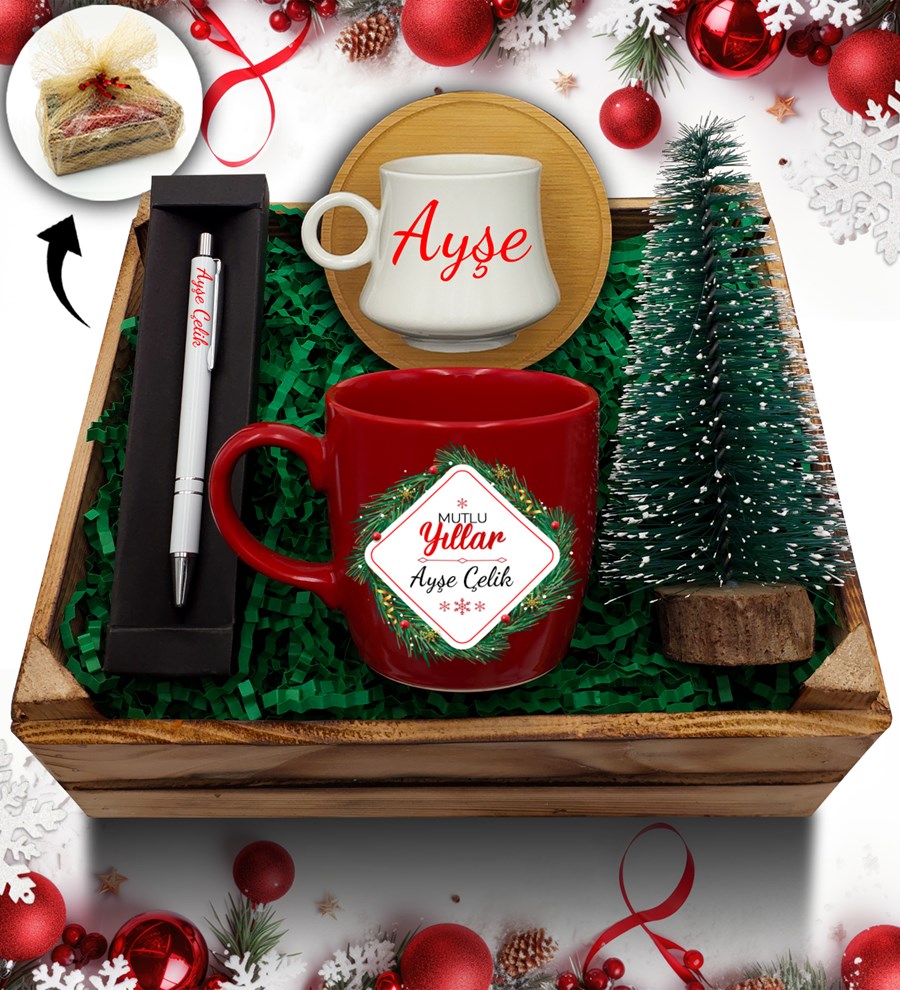 Kasa İçerisinde Kişiye Özel Kırmızı Kupa & Bambu Tabaklı Beyaz Fincan & Çam Ağacı & Kalem Hediye Seti