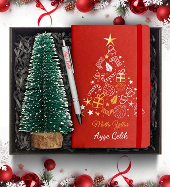 Lilyana Flowers - Yılbaşı Temalı Kişiye Özel Kırmızı Defter & Mini Çam Ağacı & Beyaz Kalem Hediye Seti
