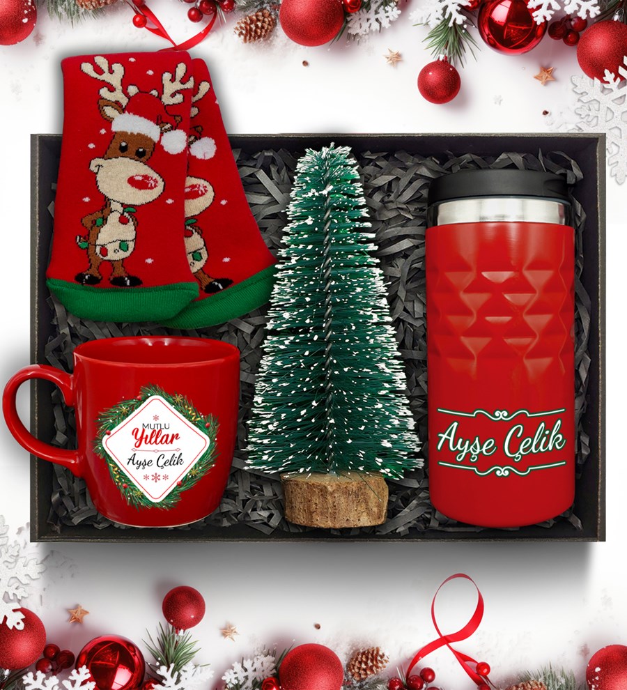 Yılbaşı Temalı Kişiye Özel Kırmızı Termos & Kırmızı Kupa & Yılbaşı Ağacı Mum & Çorap Hediye Seti