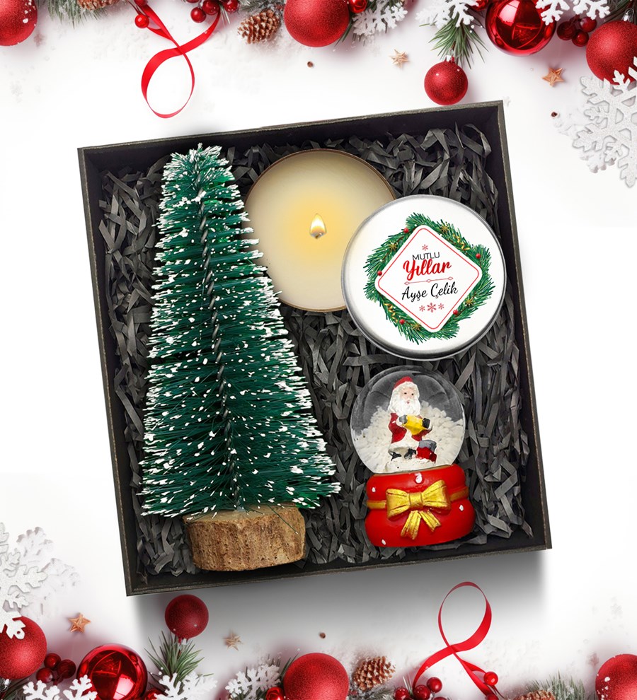  Yılbaşı Temalı Kişiye Özel Beyaz Metal Mum & Yılbaşı Ağacı Mum & Kar Küresi Hediye