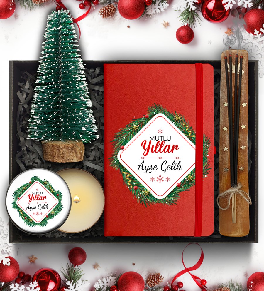Yılbaşı Temalı Kişiye Özel Kırmızı Defter & Yılbaşı Ağacı Mum & Çubuk Tütsü & Beyaz Metal Kutulu Mum Hediye Seti