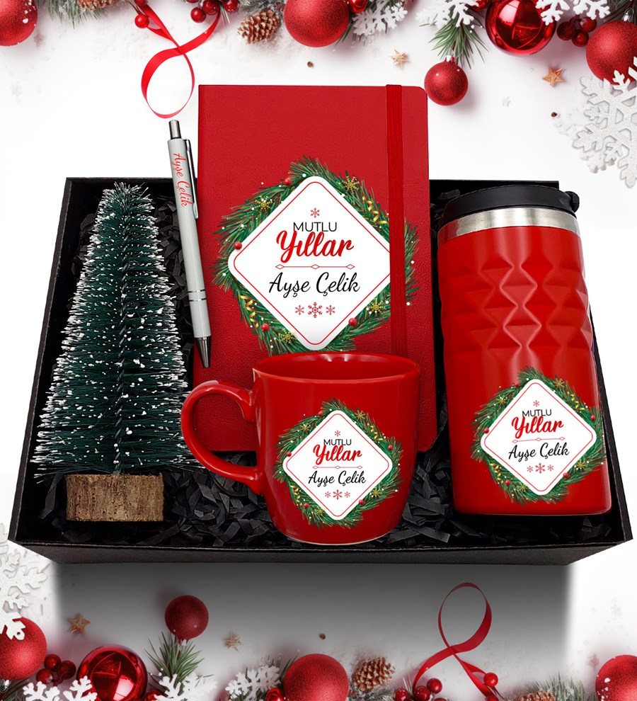 Yılbaşı Temalı Kişiye Özel Kırmızı Termos & Defter & Kupa & Mini Çam Ağacı & Kalem Hediye Seti