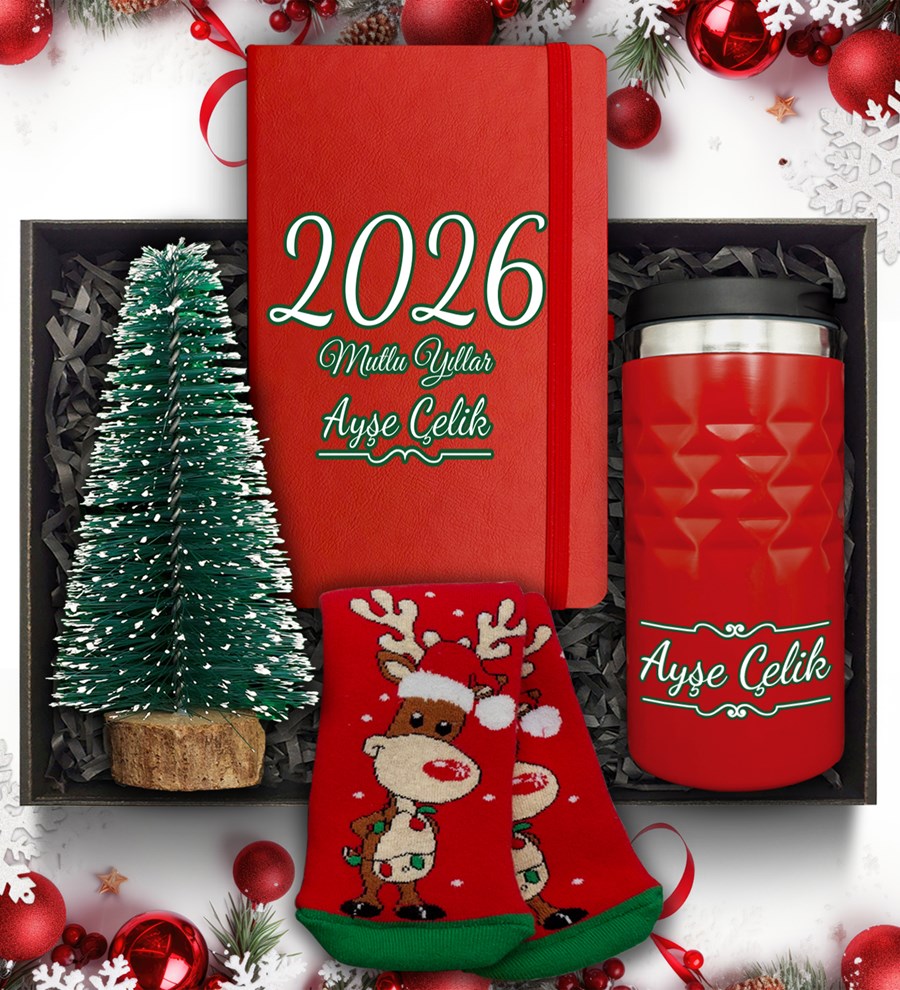 Yılbaşı Temalı Kişiye Özel Kırmızı Termos & Yılbaşı Ağacı Mum & Defter & Çorap Hediye Seti