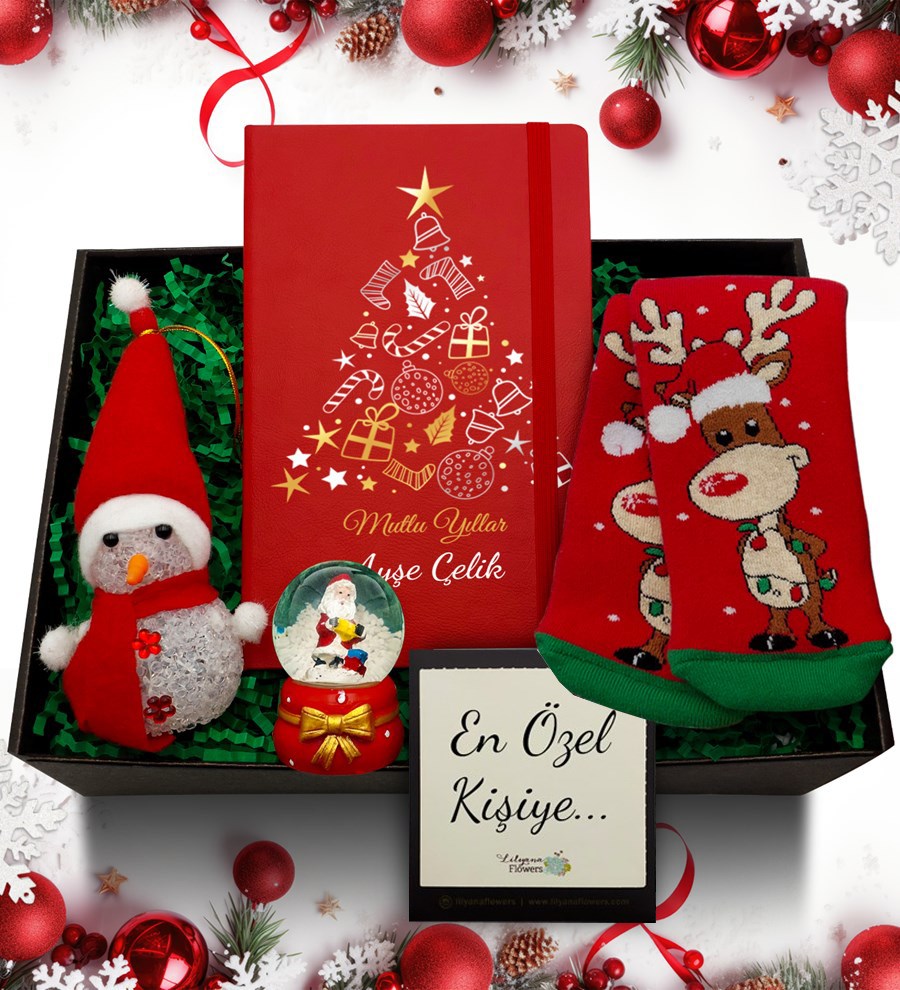 Yılbaşı Temalı Kişiye Özel Kırmızı Defter & Kar Küresi & Kardan Adam & Çorap Hediye Seti