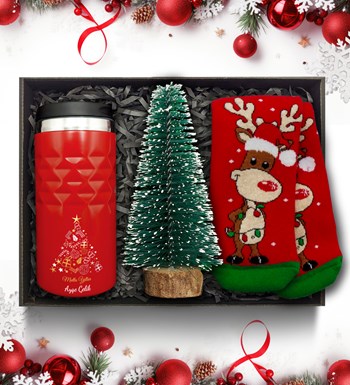 Lilyana Flowers - Yılbaşı Temalı Kişiye Özel Kırmızı Termos & Mini Çam Ağacı & Çorap Hediye Seti