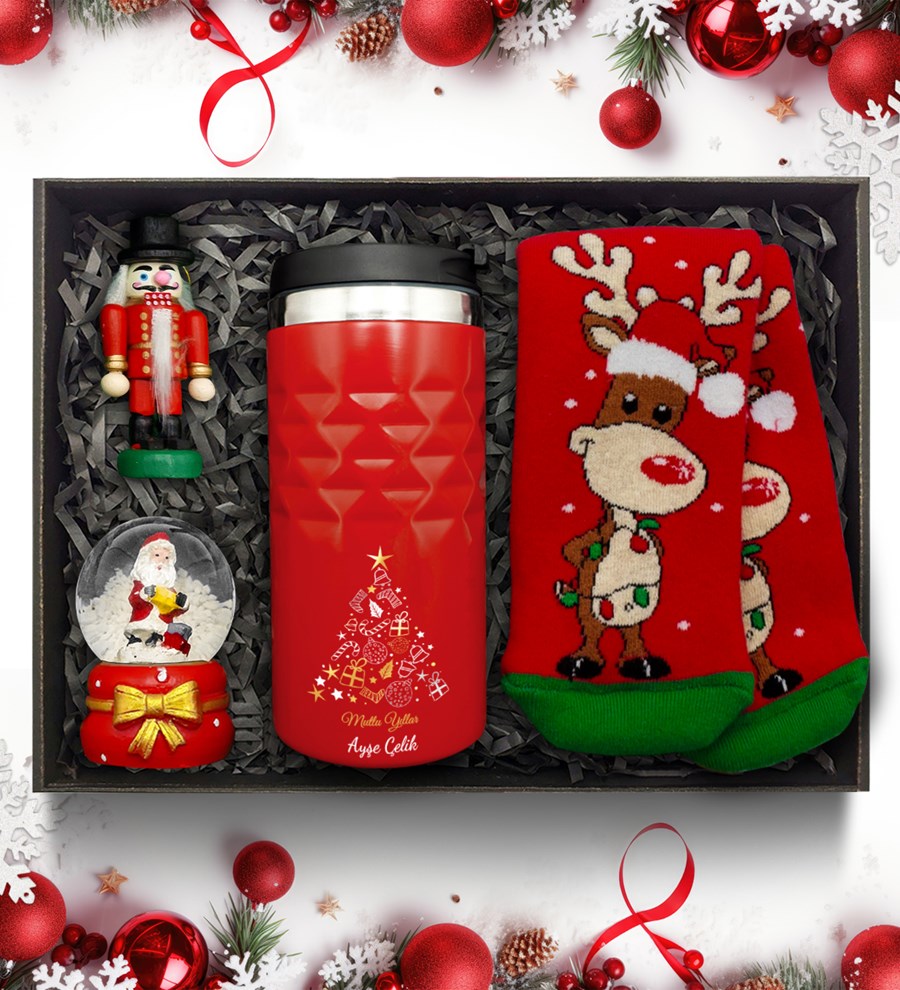 Yılbaşı Temalı Kişiye Özel Kırmızı Termos & Yılbaşı Çorabı & Kar Küresi & Mini fındıkkıran