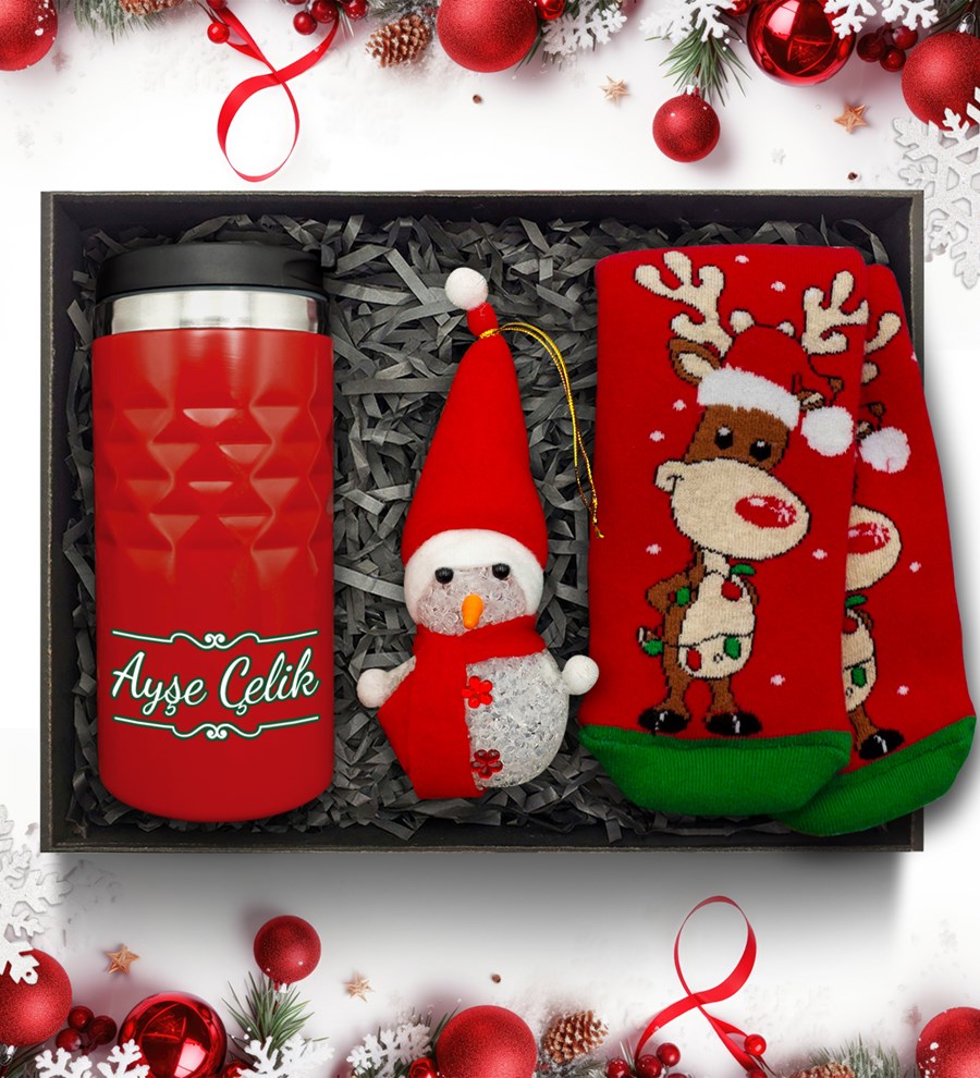 Yılbaşı Temalı Kişiye Özel Kırmızı Termos & Kardan Adam & Çorap Hediye Seti