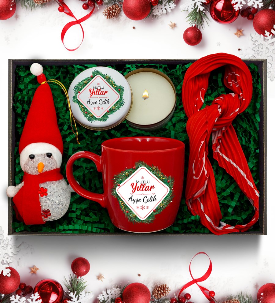 Yılbaşı Temalı Kişiye Özel Kırmızı Kupa & Beyaz Metal Mum & Kardan Adam & Fular Hediye Seti