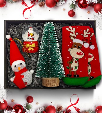 Lilyana Flowers - Yılbaşına Özel Mini Çam Ağacı & Kar Küresi & Kardan Adam & Yılbaşı Çorabı Hediye Seti