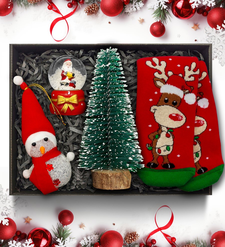 Yılbaşına Özel Mini Çam Ağacı & Kar Küresi & Kardan Adam & Yılbaşı Çorabı Hediye Seti