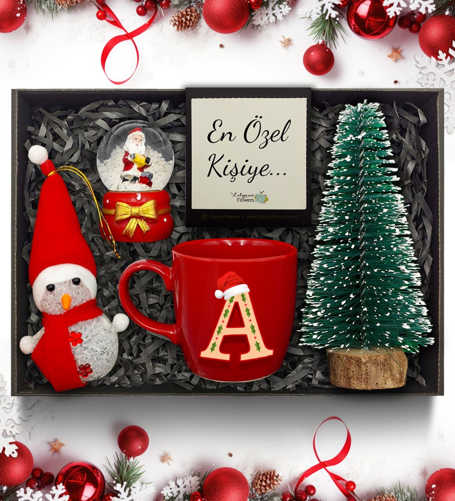 Yılbaşı Temalı Kişiye Özel Kırmızı Kupa & Mini Çam Ağacı & Kar Küresi & Kardan Adam Hediye Seti