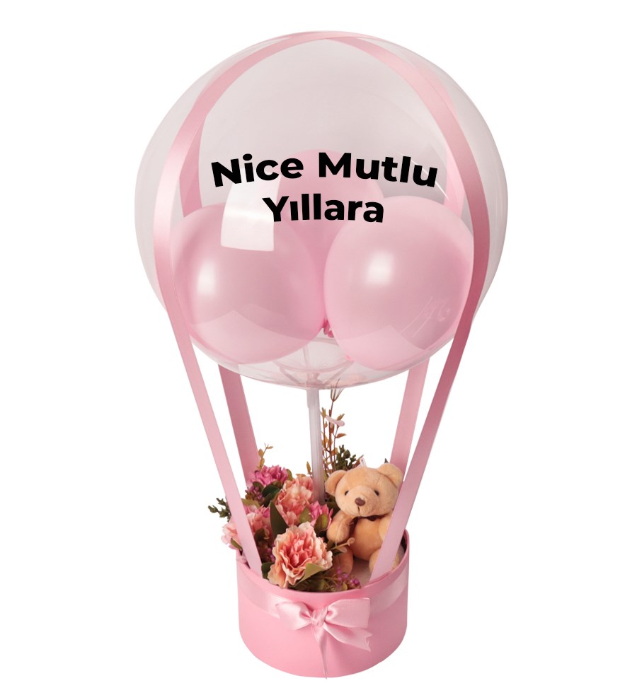 Balonlu Yuvarlak Pembe Kutuda Ayıcıklı Yapay Pembe Aranjman