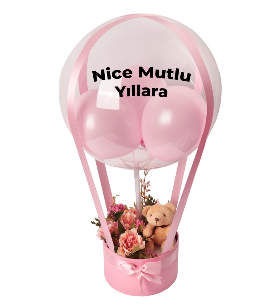 Balonlu Yuvarlak Pembe Kutuda Ayıcıklı Yapay Pembe Aranjman