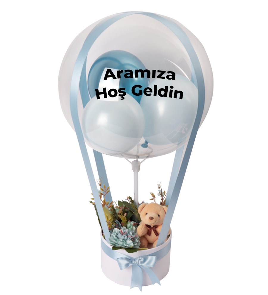 Balonlu Yuvarlak Beyaz Kutuda Ayıcıklı Yapay Mavi Aranjman