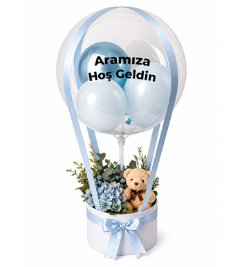 Lilyana Flowers - Balonlu Yuvarlak Beyaz Kutuda Ayıcıklı Yapay Mavi Aranjman
