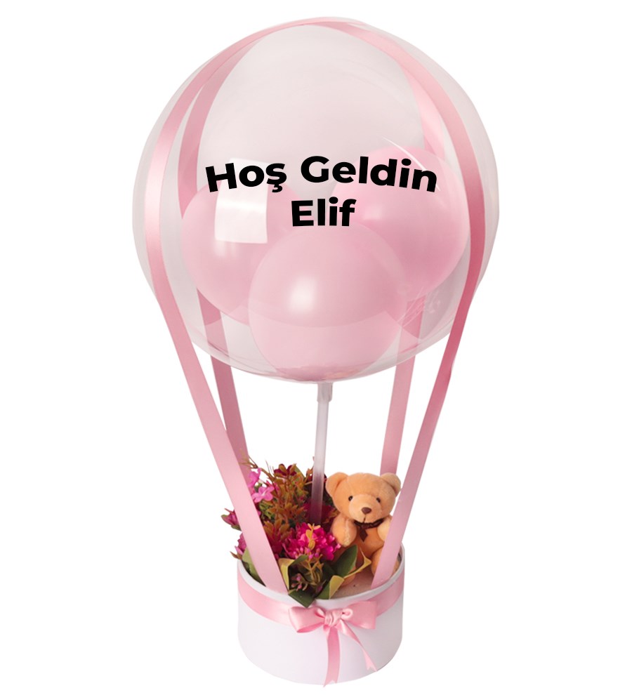 Balonlu Yuvarlak Beyaz Kutuda Ayıcıklı Yapay Fuşya Aranjman