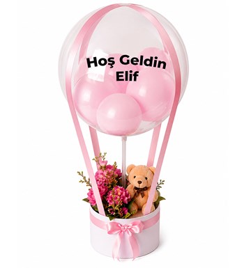 Lilyana Flowers - Balonlu Yuvarlak Beyaz Kutuda Ayıcıklı Yapay Fuşya Aranjman
