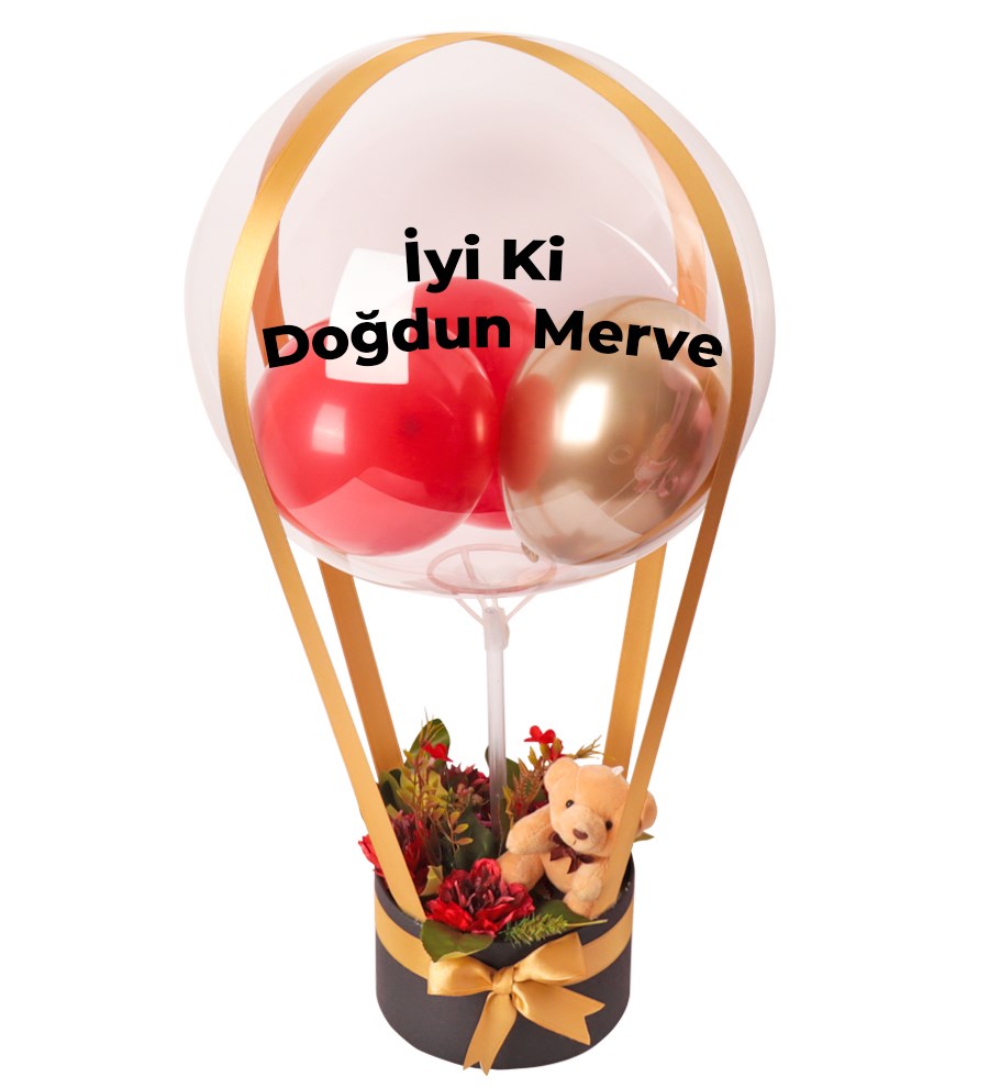 Balonlu Yuvarlak Siyah Kutuda Ayıcıklı Yapay Kırmızı Aranjman