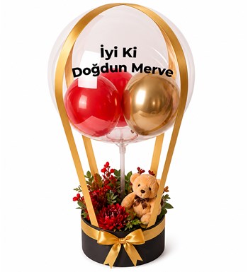 Lilyana Flowers - Balonlu Yuvarlak Siyah Kutuda Ayıcıklı Yapay Kırmızı Aranjman