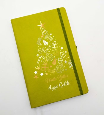 Kasa İçerisinde Çam Ağacı & Kişiye Özel Yeşil Defter & Yeşil Tükenmez Kalem Hediye Seti