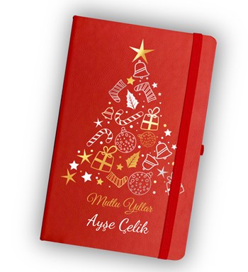 Yılbaşı Temalı Kişiye Özel Kırmızı Defter & Yılbaşı Ağacı Mum & Beyaz Kalem Hediye Seti