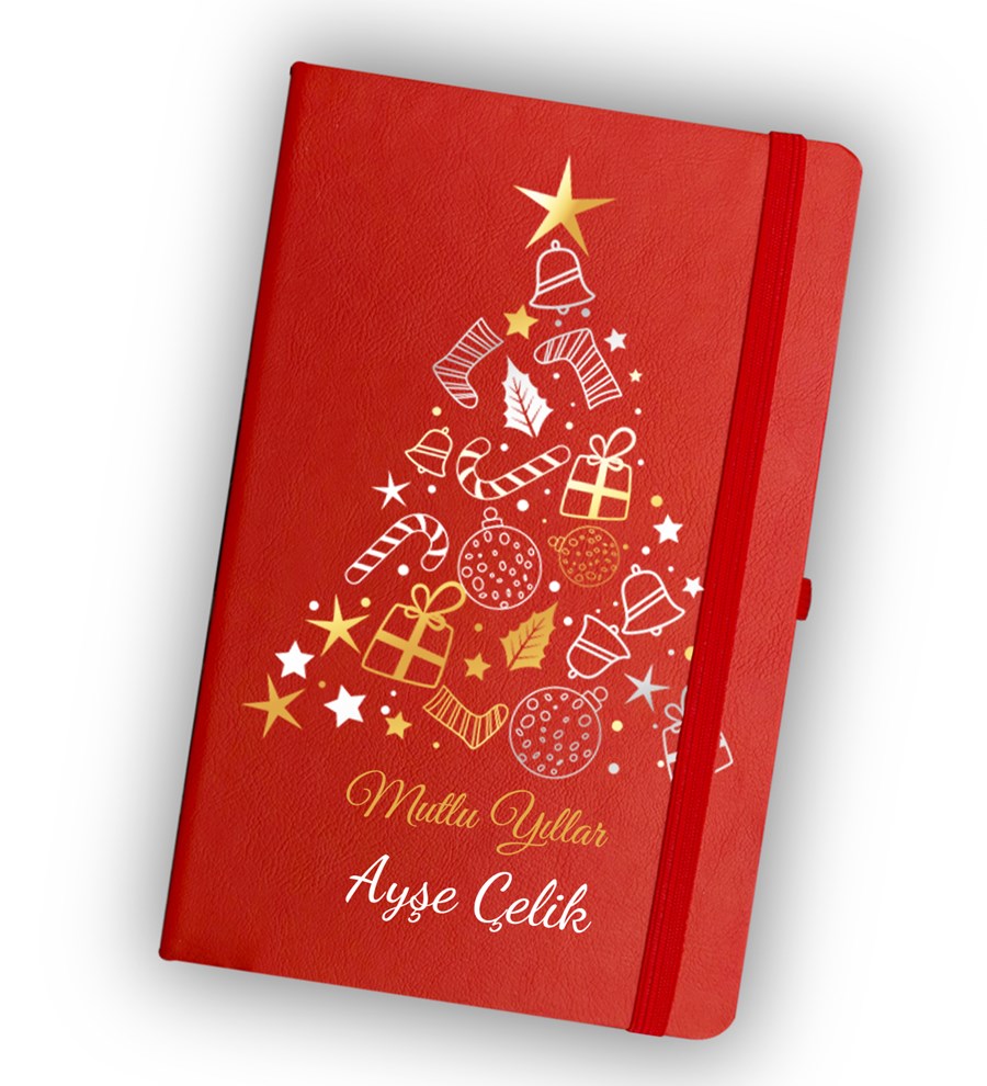Yılbaşı Temalı Kişiye Özel Kırmızı Defter & Yılbaşı Ağacı Mum & Beyaz Kalem Hediye Seti