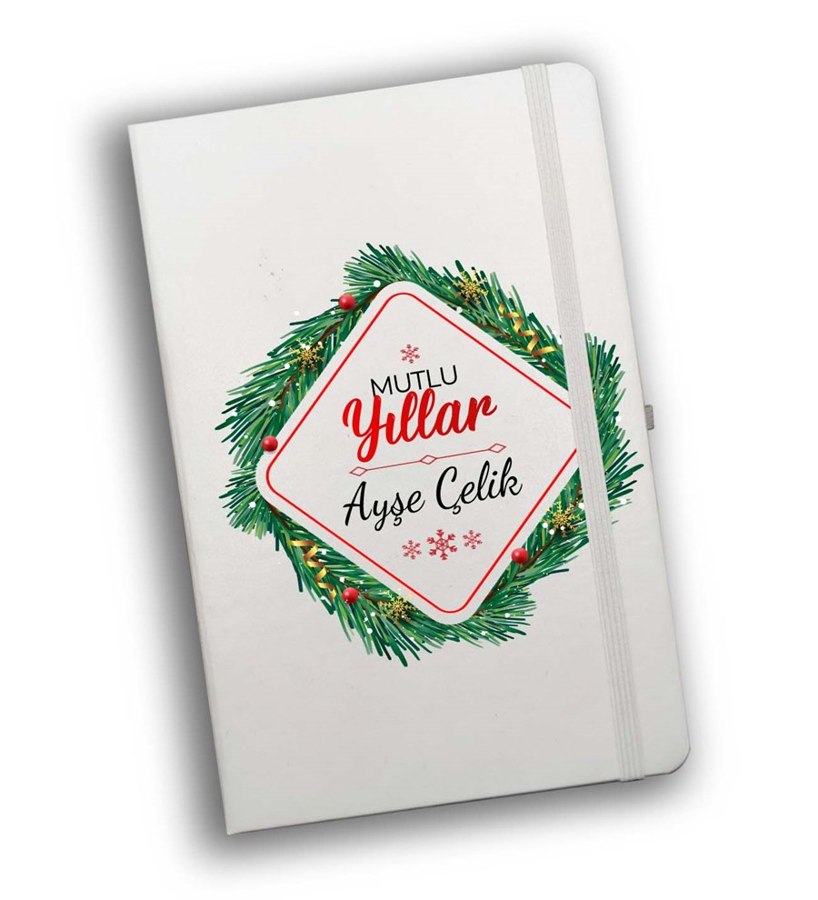 Kasa İçerisinde Çam Ağacı & Kişiye Özel Beyaz Defter & Kalem Hediye Seti