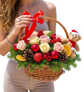 Lilyana Flowers - Peluş Ayıcık & Kırmızı Süslemeli Yılbaşı Hediye Sepeti