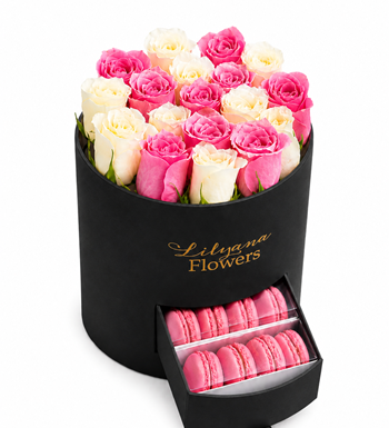 Lilyana Flowers - Yuvarlak Büyük Siyah Kutuda Macaronlu Pembe Beyaz Gül