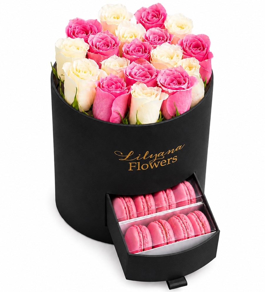 Yuvarlak Büyük Siyah Kutuda Macaronlu Pembe Beyaz Gül